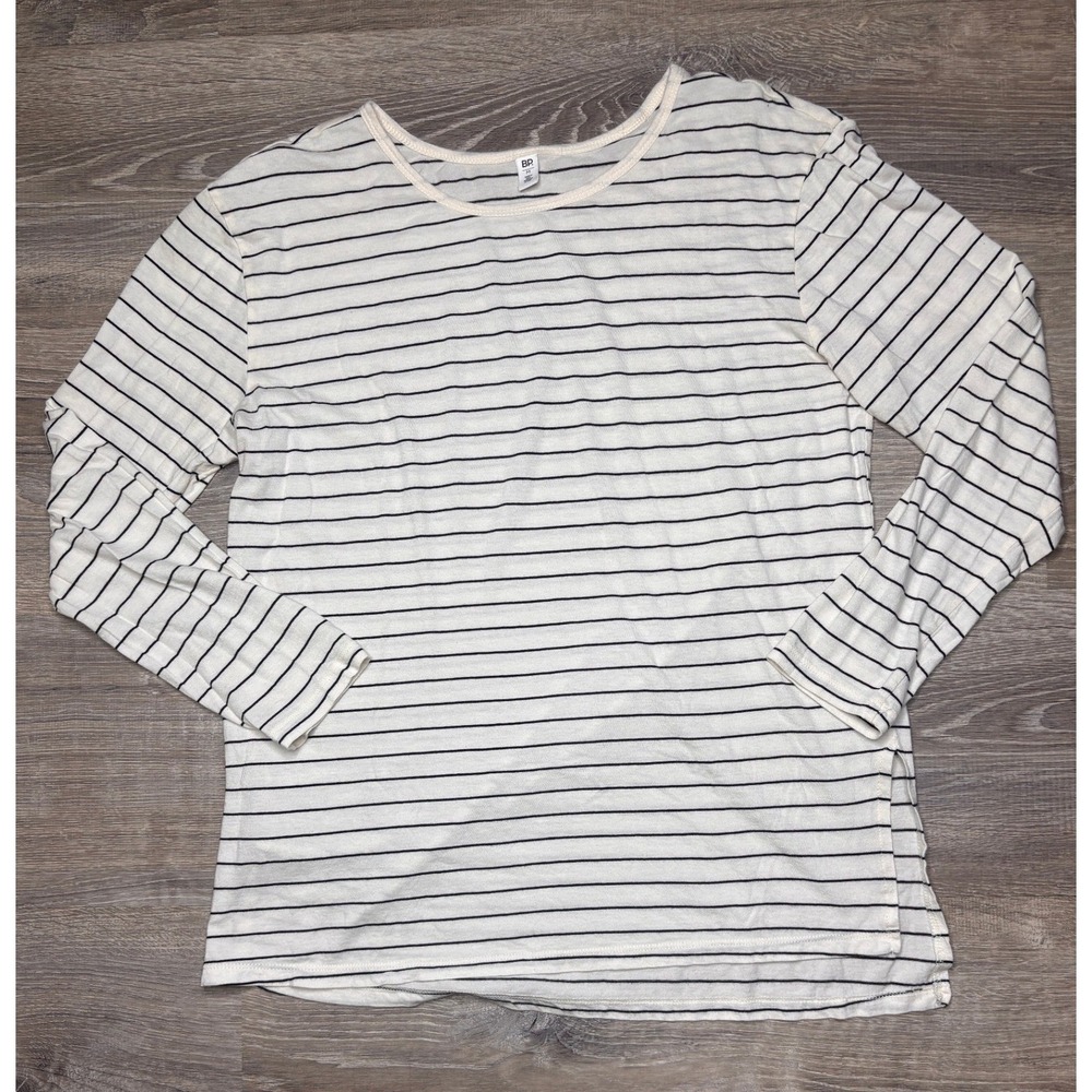 BP Nordstrom Striped Crew Neck Long Sleeve Tee Ivory Black Medium Lightweight‎